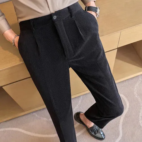 Bonsir Autumn Winter Men Corduroy Suit Pant Elastic Waist Woolen Trousers Fashion Business Office Slim Fit Casual Woolen Dress Pants