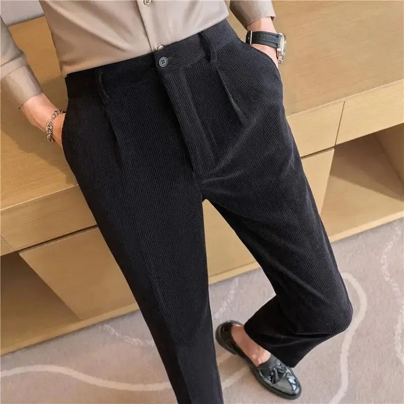 Bonsir Autumn Winter Men Corduroy Suit Pant Elastic Waist Woolen Trousers Fashion Business Office Slim Fit Casual Woolen Dress Pants