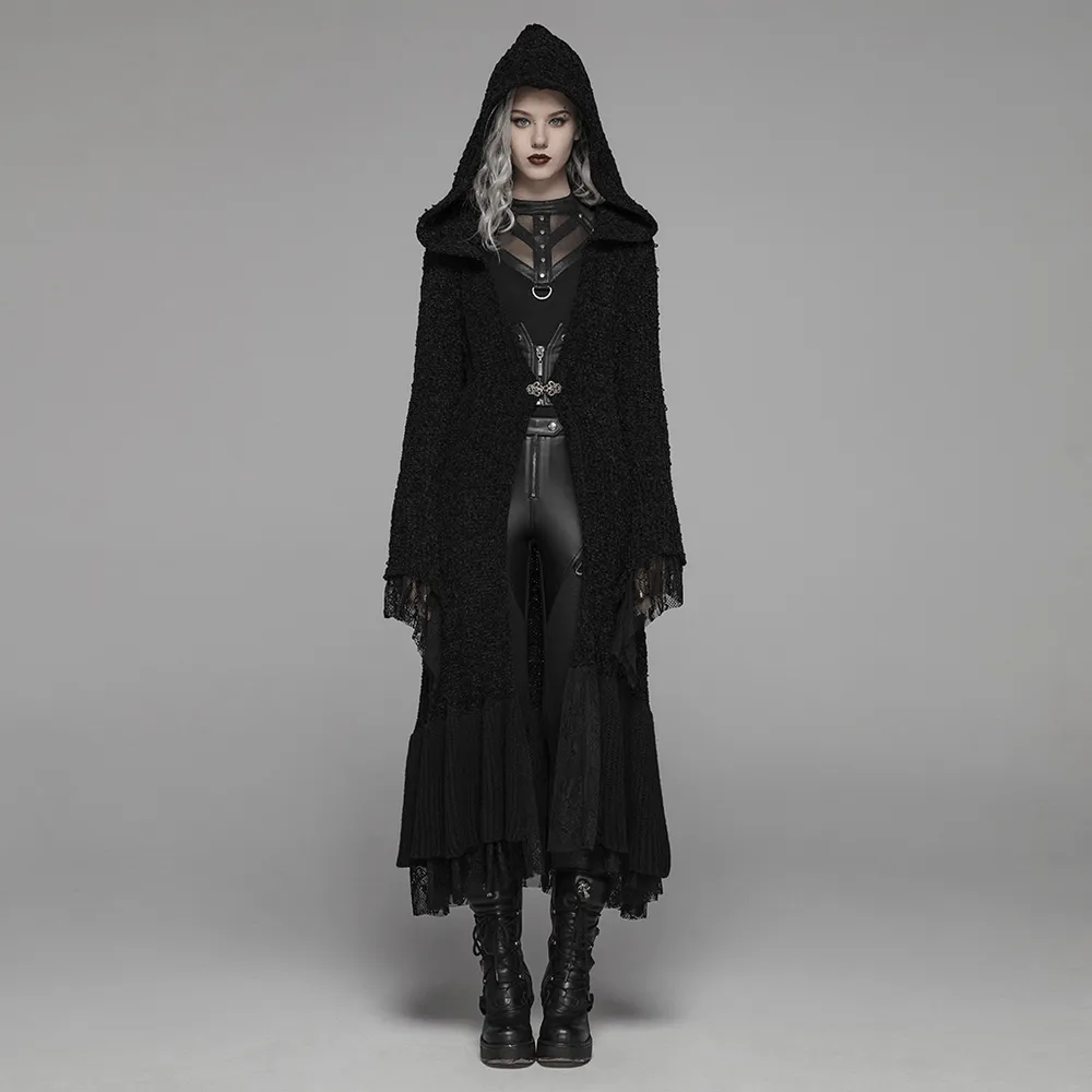 Chic Hooded Gothic Lace Trim Woolen Cloak Coat