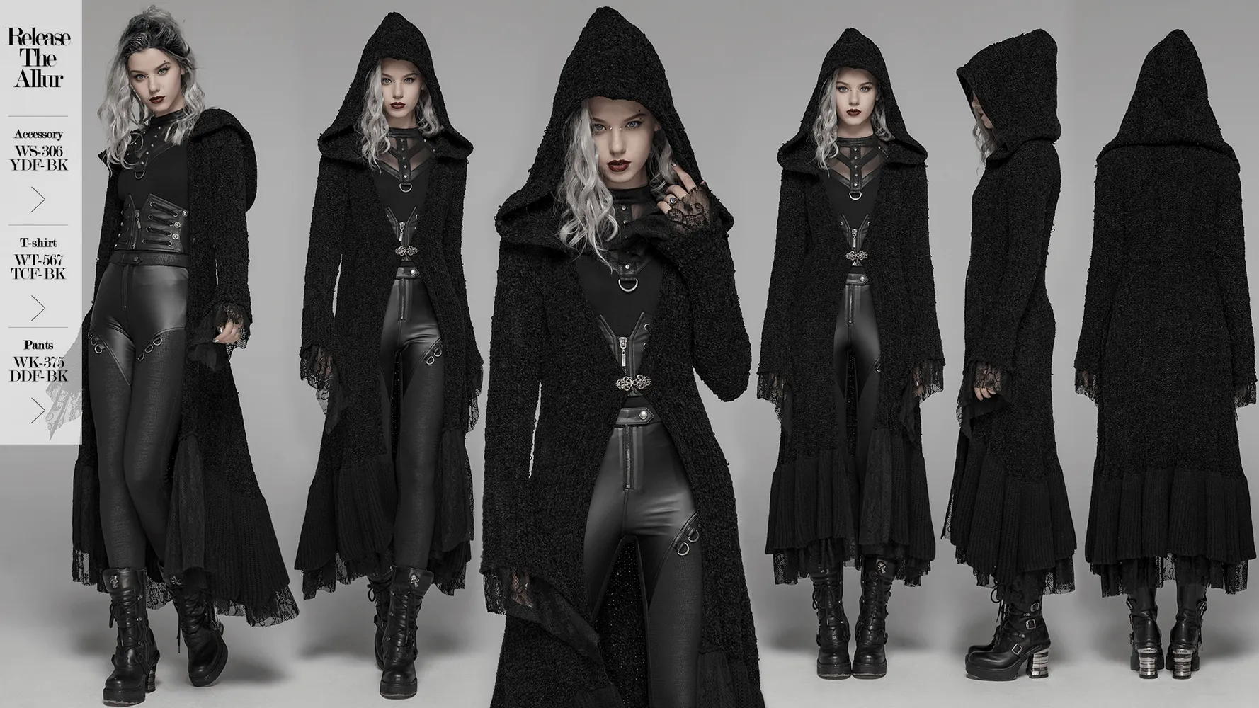 Chic Hooded Gothic Lace Trim Woolen Cloak Coat