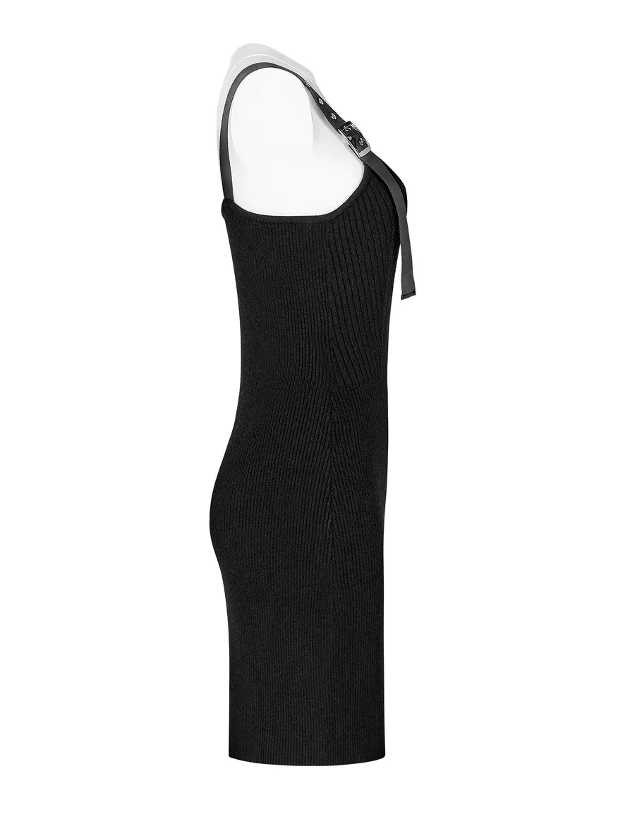 Chic Ribbed Woolen Midi Dress with Sling Straps