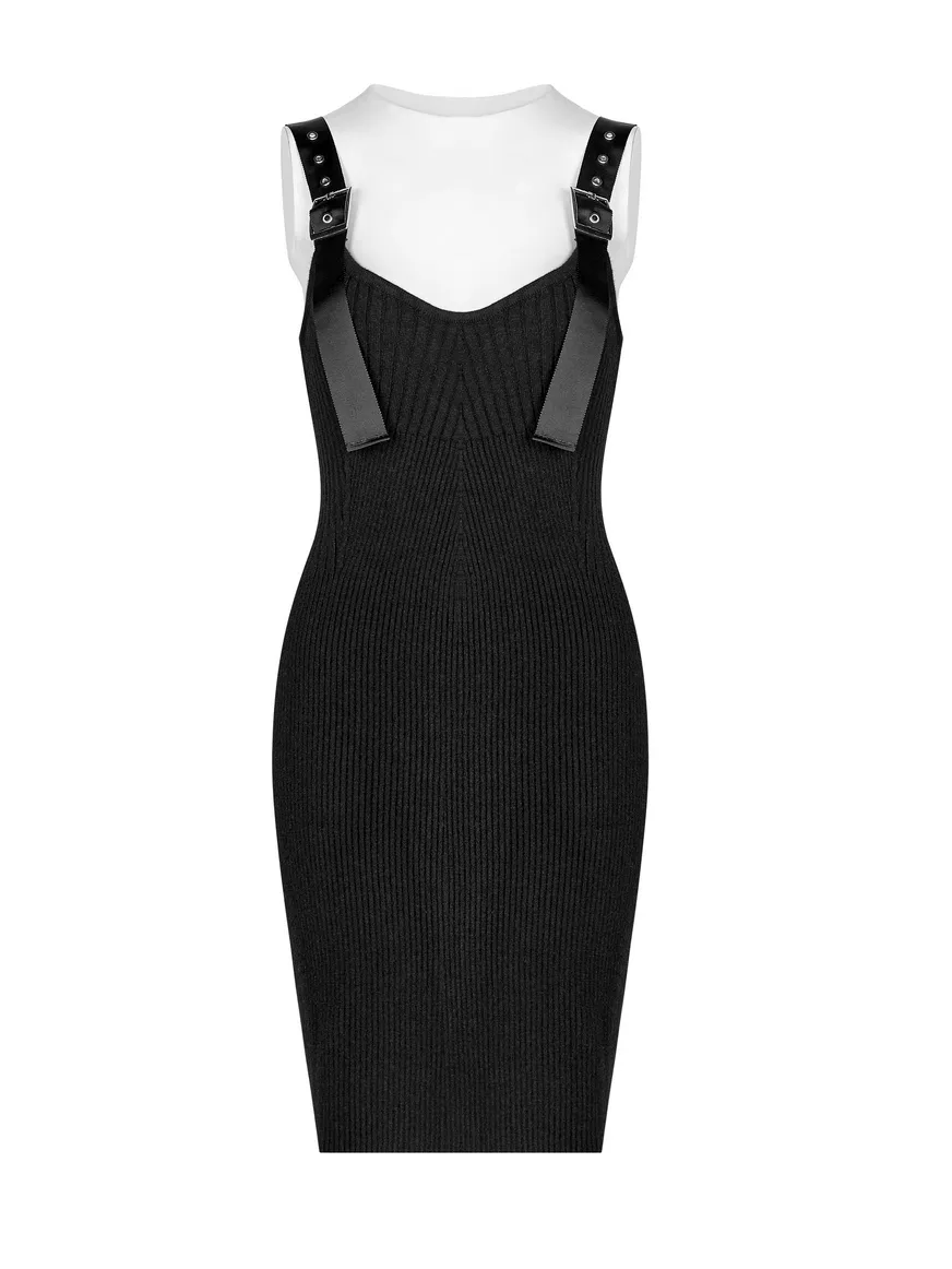 Chic Ribbed Woolen Midi Dress with Sling Straps