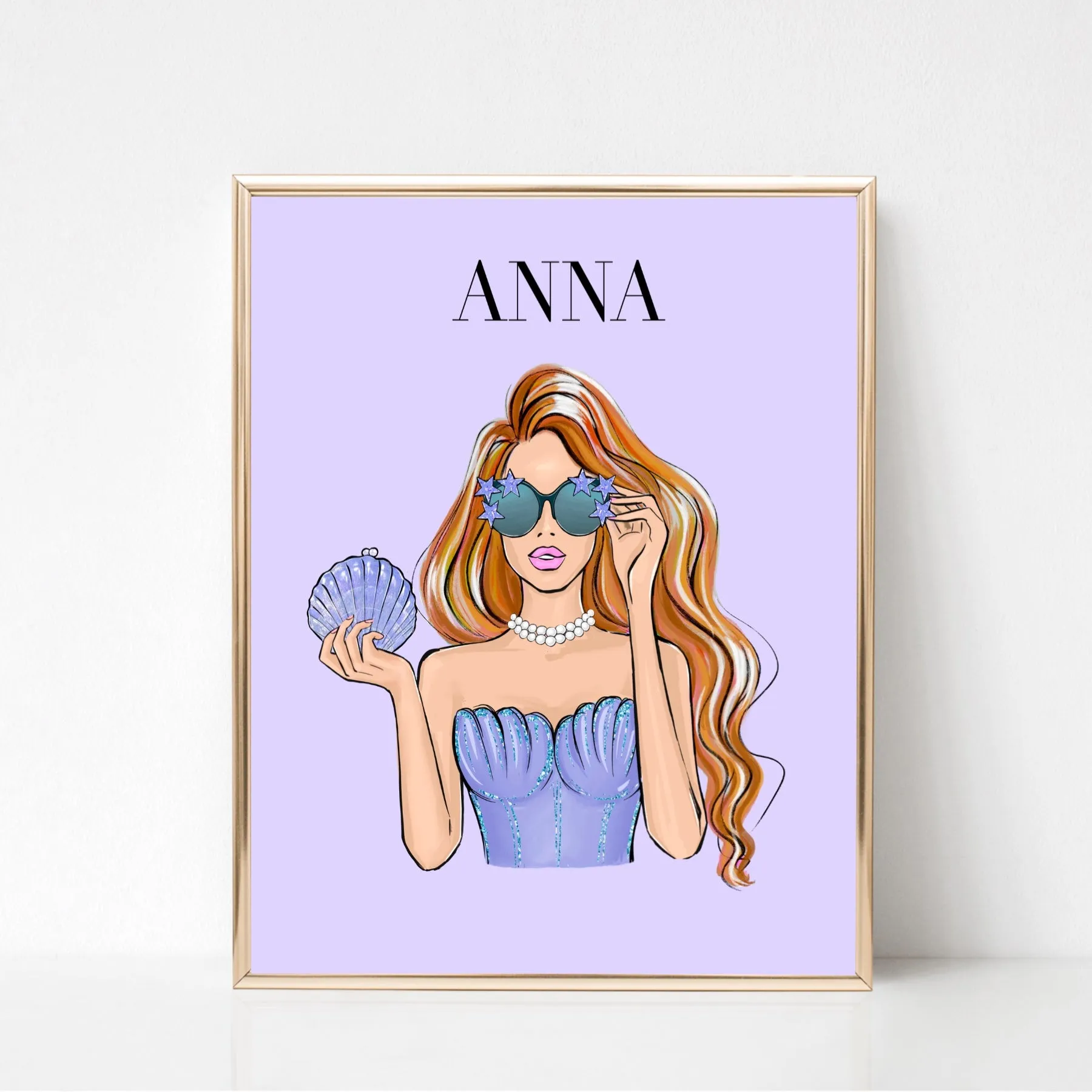 Custom mermaid girl fashion portrait for her, Personalized girly art print, Customizable fashion poster, Preppy room decor, Gift for fashion lover