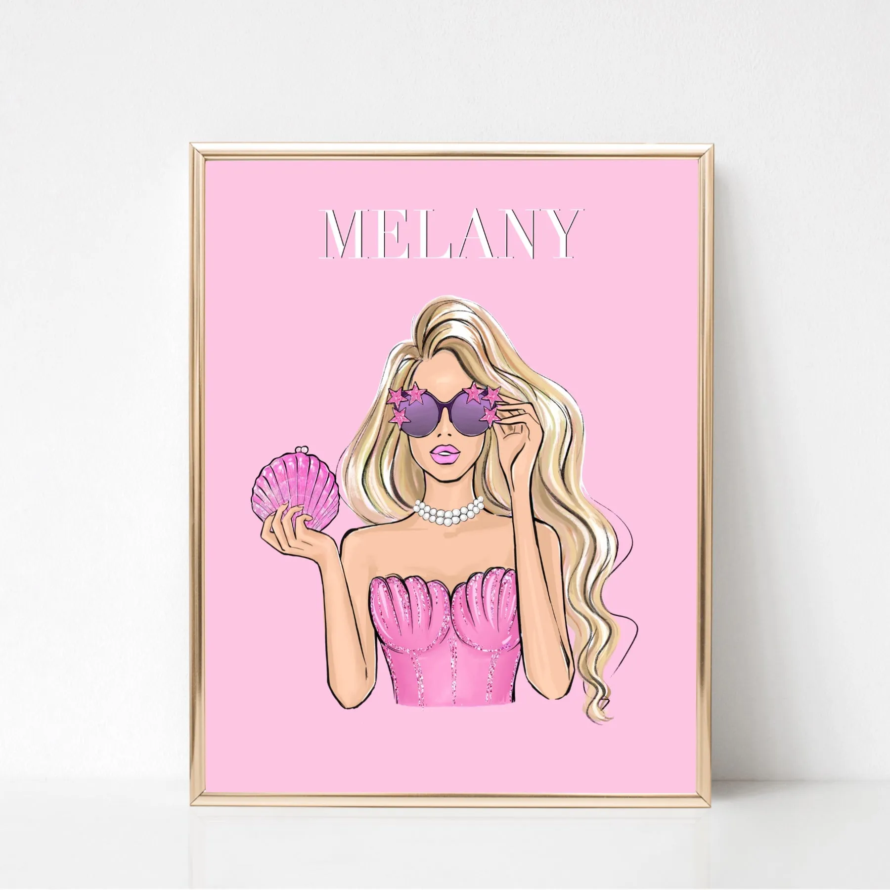 Custom mermaid girl fashion portrait for her, Personalized girly art print, Customizable fashion poster, Preppy room decor, Gift for fashion lover