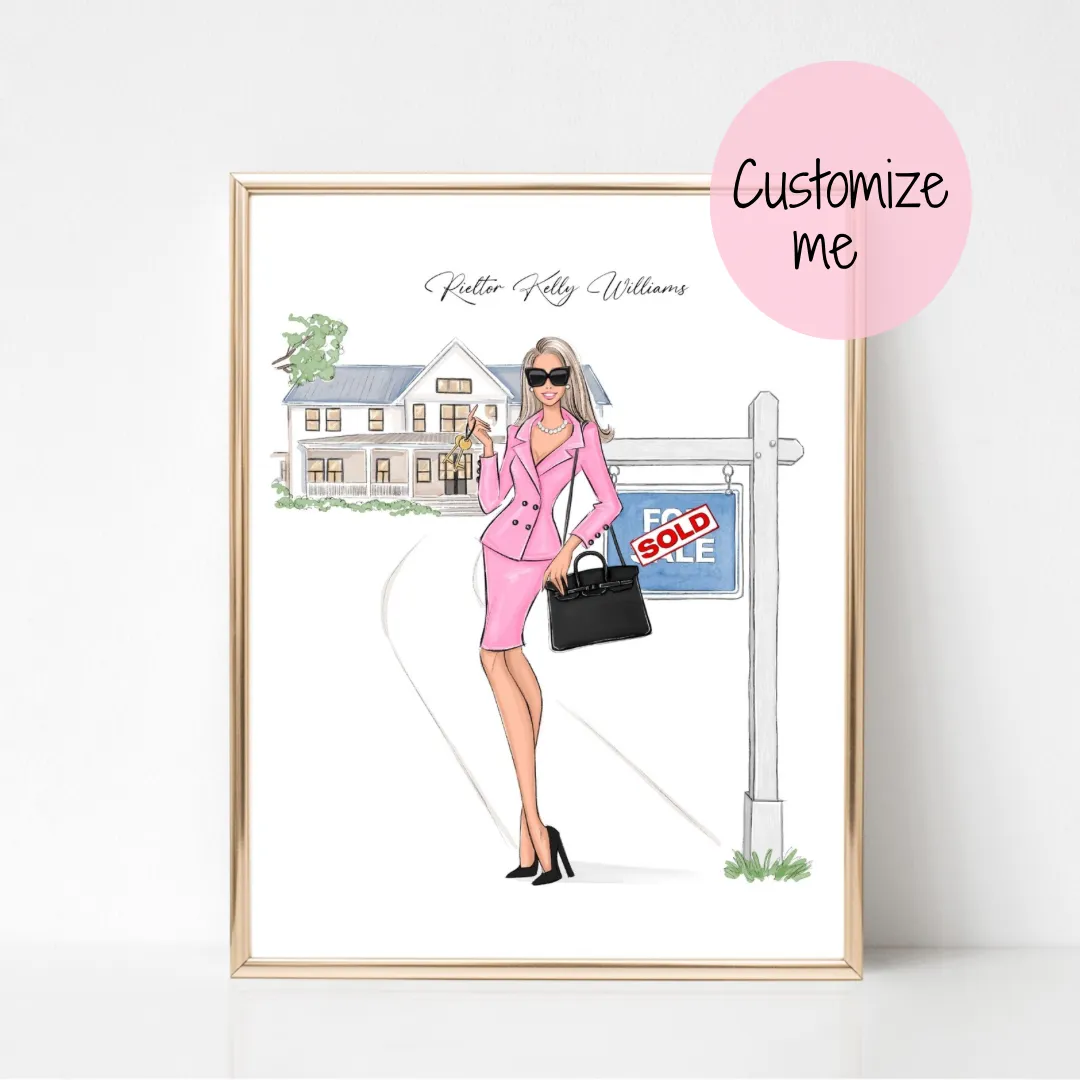 Custom name real estate agent fashion illustration art print