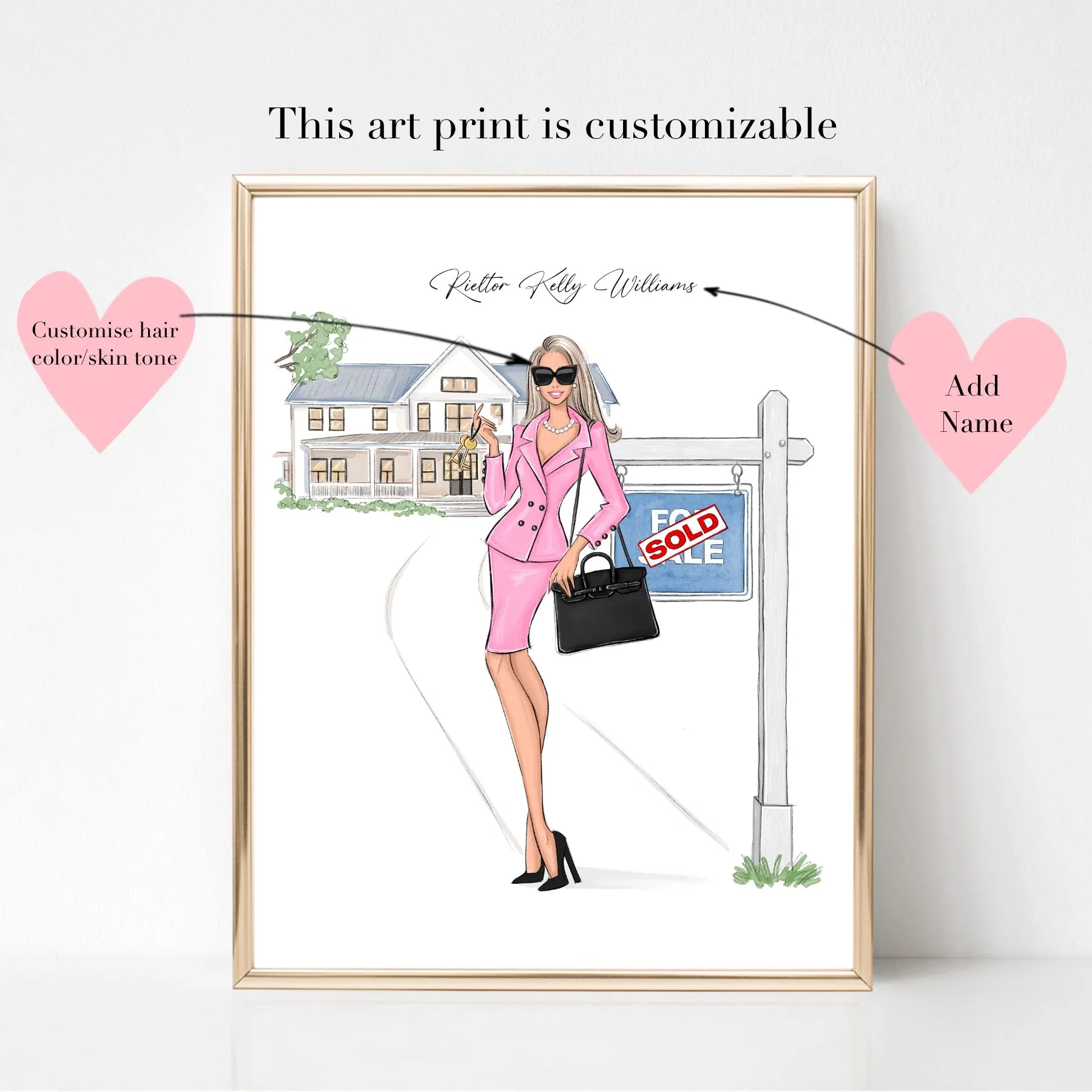 Custom name real estate agent fashion illustration art print