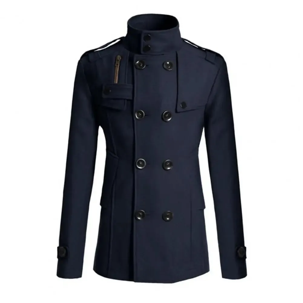 Men Windbreaker Coat Solid Color Double-breasted Wool Overcoat Formal Business Winter Outer Jacket Casual Wear Clothing For Work