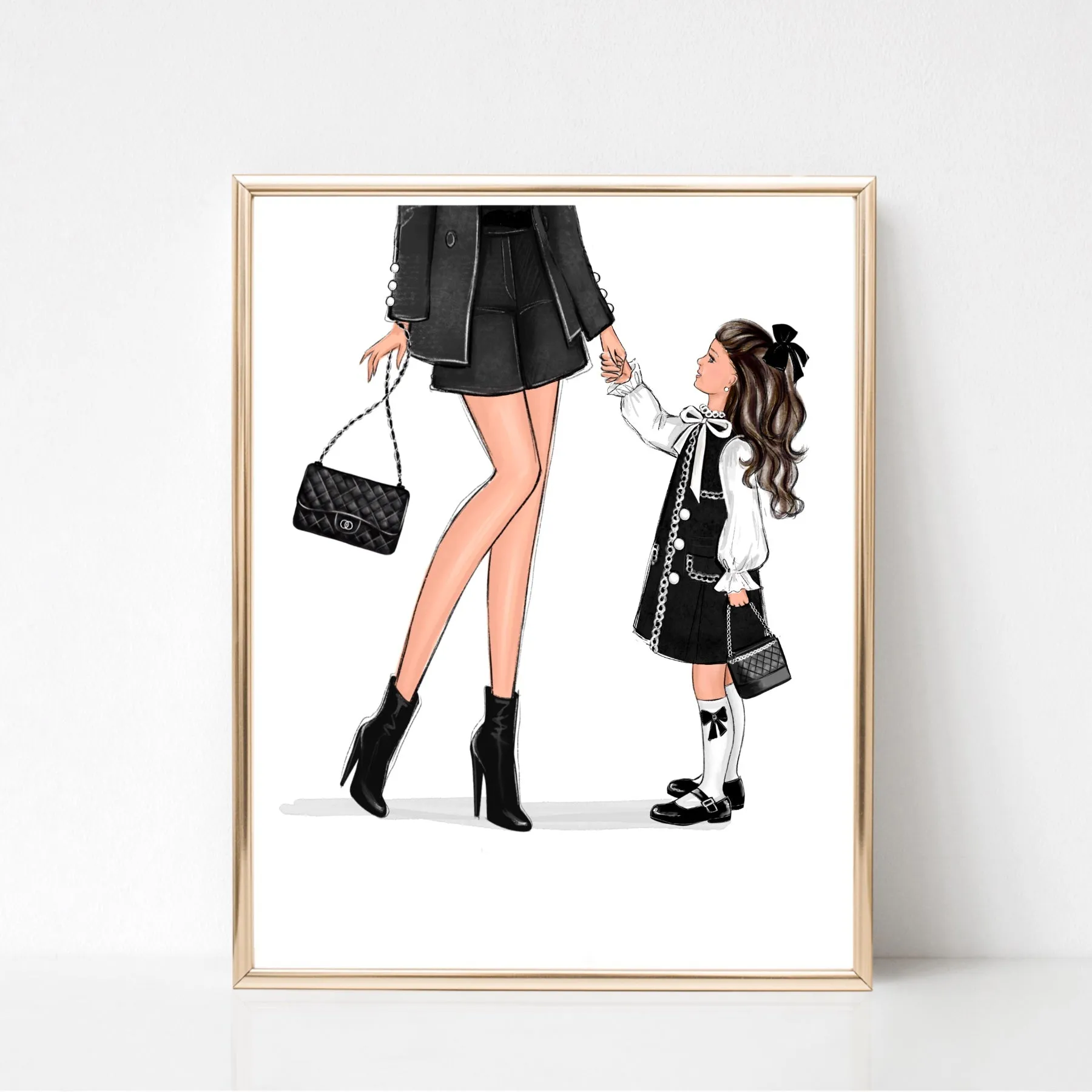 Mom of girl in classic outfit art print fashion Illustration