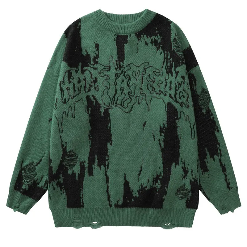 Punk Gothic Ripped Knitted Sweaters / Grunge Fashion O-Neck Letter Print Pullover