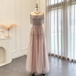 Vestido de Festa Longo com Cristais Leves e Saia Rendada Rosé - Modelo Especial